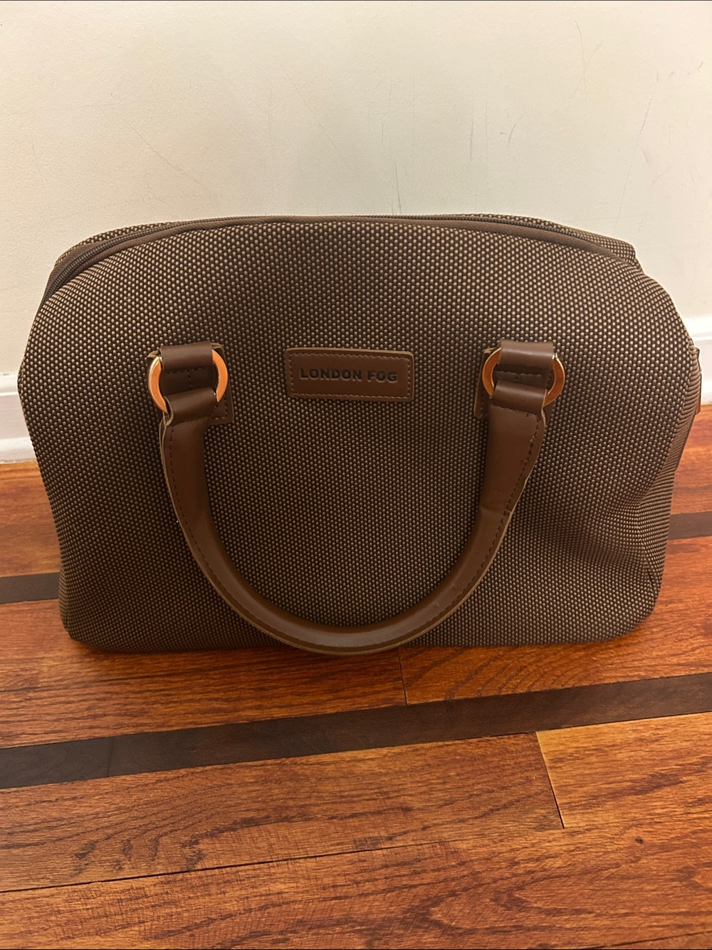 London Fog Brown Textured Toiletry Bag with Leather-Style Handles